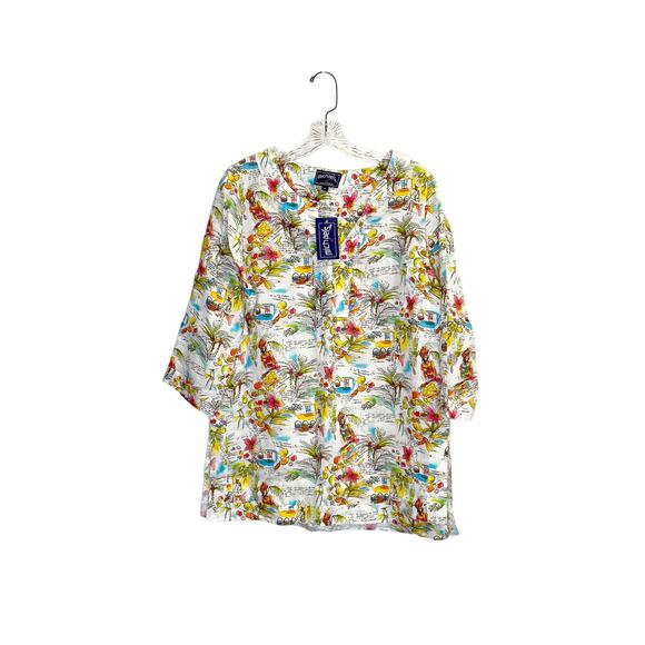 michael's women floral print beach tunic blouse Linen sz m v neck 3/4 sleeve - Picture 2 of 10